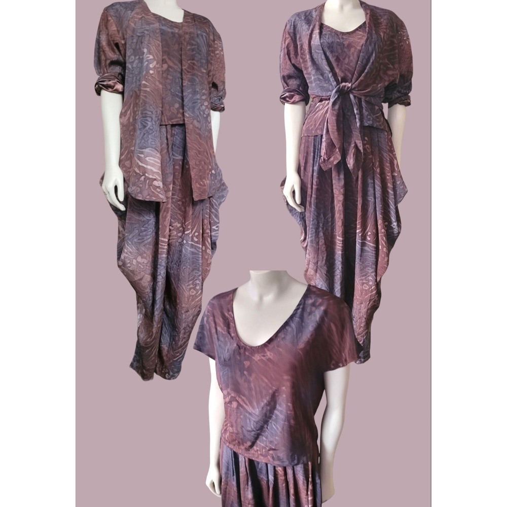 Vintage 80s 3 Piece Punk Bowie Lagenlook‎ Set Balloon Pants Jacket Silky Sz 4